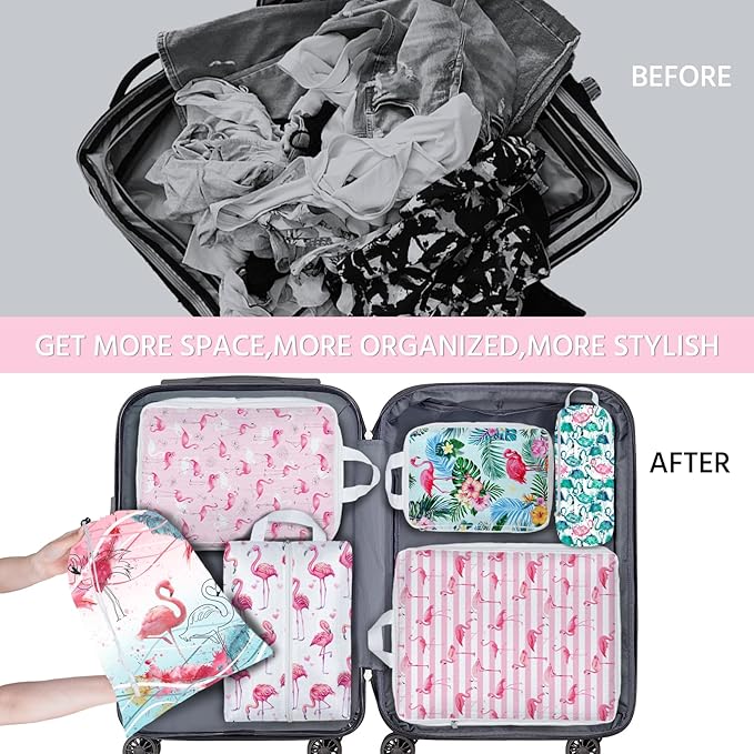 6 Pcs Compression Packing Cubes Waterproof Suitcase Travel Bag Luggage Backpack Organizer Travel Cubes for Packing-Flamingo