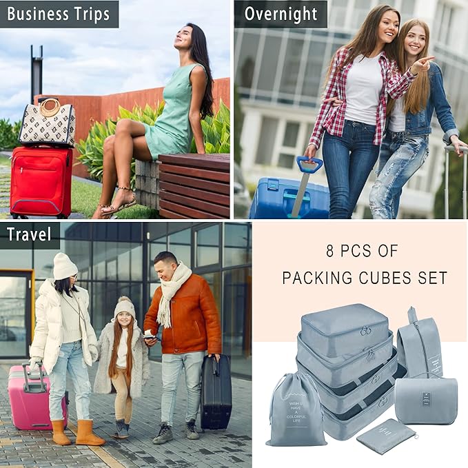 Packing Cubes, 8 Pcs Travel Packing Organizers for Suitcases, Large Capacity Travel Luggage Organizers Set includes 8 Storage Bags for Women or Men (Grey)