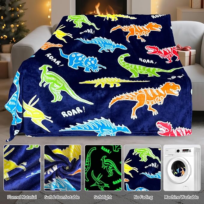TEHALK Dinosaur Glow in The Dark Blanket for Boys/Girls/Toddler/Baby, Dinosaur Toys for Boy Age 3-12, Cute Funny Kids Throw Blanket for Birthday/Gifts 50"x 60"
