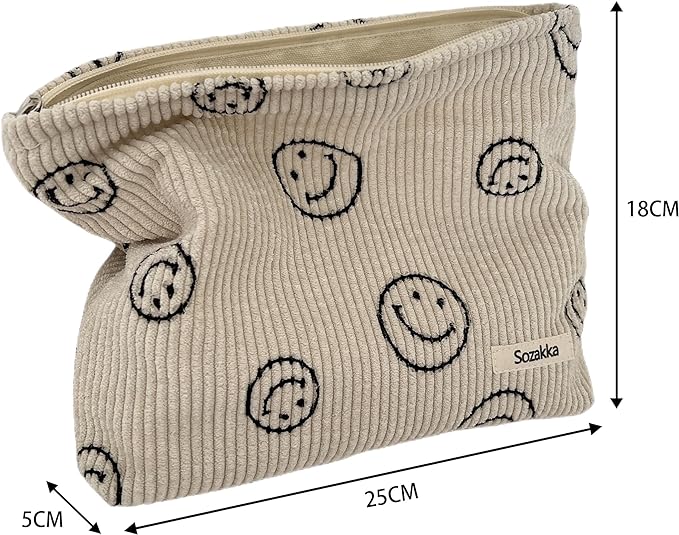 Cosmetic Bags for Women - Corduroy Cosmetic Bag Aesthetic Women Handbags Purses Smile Dots Makeup Organizer Storage Makeup Bag Girls Case Bags (A-Beige)