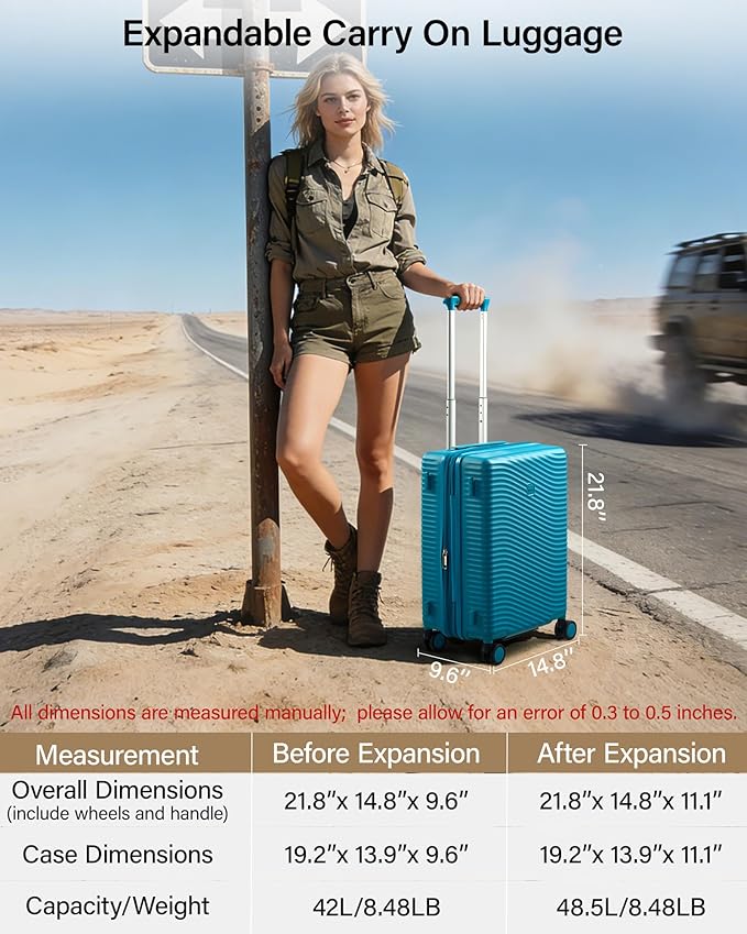 MILADA Expandable Carry On Luggage 20 Inch - Airline Approved Hardshell Suitcase with 8 Spinner Wheels, TSA Lock, Water-Resistant PC Shell, Lightweight & Durable for Travel, Caribbean Blue