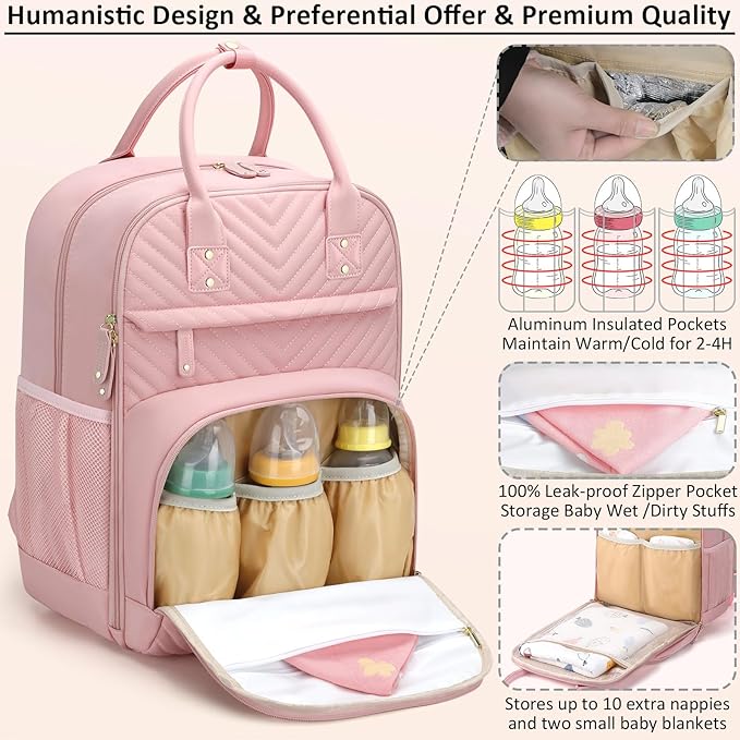Tenot Diaper Bag Backpack for Women with Changing Pad, Baby Bag with Insulated Pockets Multifunctional Diaper Bags For Baby Girl Boy Waterproof Baby Bags For Boys Girls Maternity Bag Baby Pink