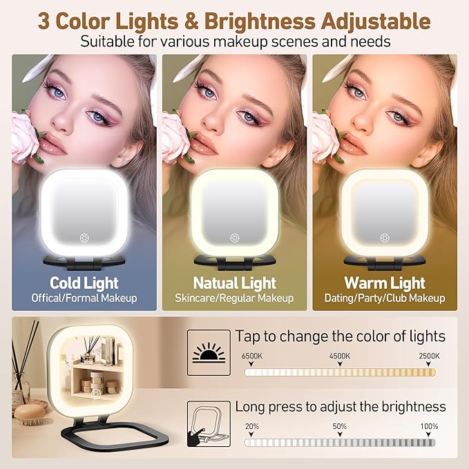 GOMIPURU Travel Mirror with Light, 1x/30x Magnifying Mirror with 3 Color Lights and Adjustable Brightness, 4.5x3.9 inch Small Compact Hangable Hand Pocket 3 Way Mirrors, Comes with Tweezer
