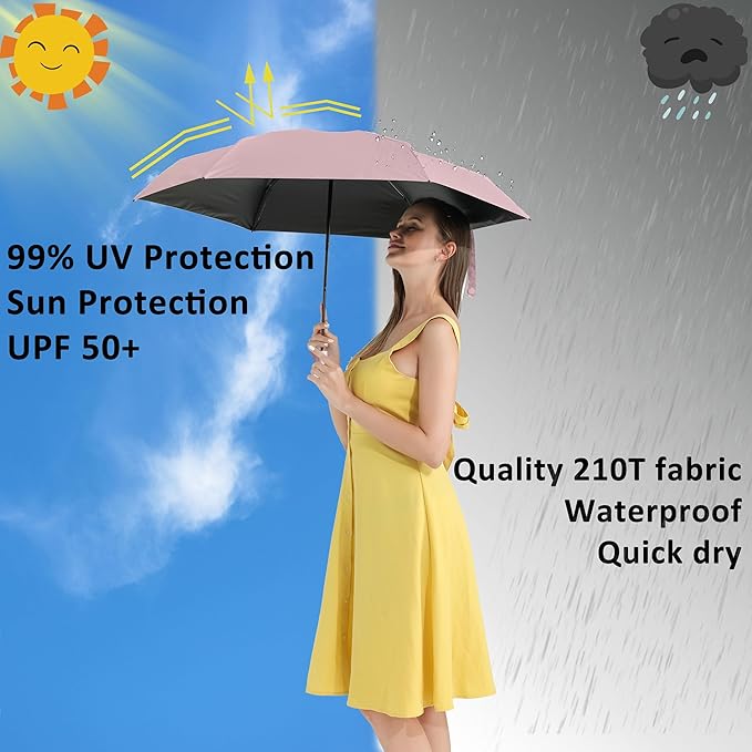 BAODINI Travel Essentials Mini Umbrella for Purse With Case Small Compact UV Sun Protection Lightweight Tiny Pocket Manual Open Close Umbrella for Women Kids and Men Fits Purse Backpack