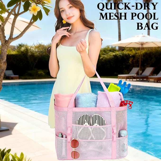 Fammart Mesh Beach Bag, Large Beach Tote with Zipper Pocket, Toys Pool Bag for Family Travel Vacation Cruise Essentials