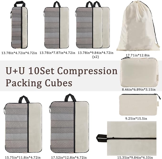 U+U 10 Set Compression Packing Cubes - Ultralight Cream Travel Organizers with Laundry Bag, Space-Saving Suitcase Organizer, Expandable Packing Cubes for Travel and Family Vacation (Cream)