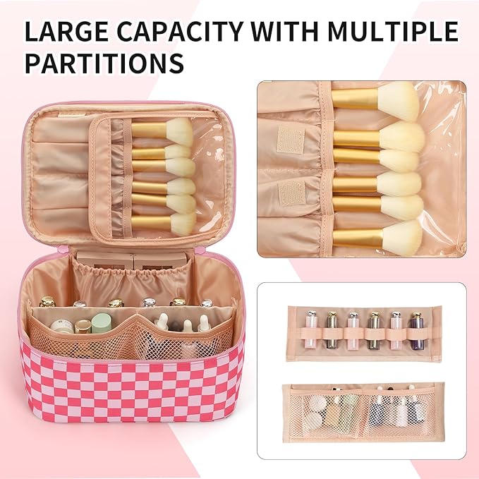 OCHEAL Makeup Bag Portable Cosmetic Bag For Women, Large Capacity Travel Makeup Case Organizer, Toiletry Bag for Girls Traveling With Handle and Divider-Pink