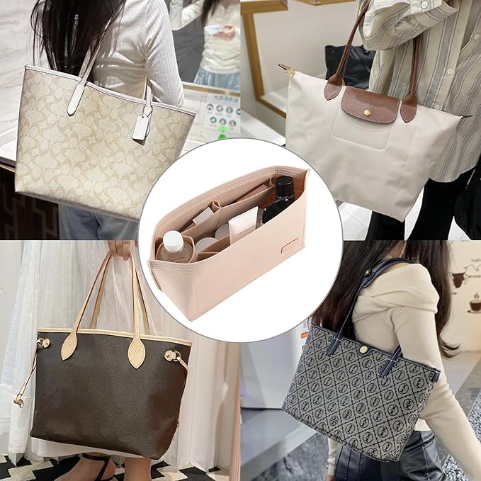 Felt Purse Organizer Insert with Zipper, Tote Bag Organizer with Base Shaper, Fits for lv Neverfull PM, City 30 and More,Lightweight Bag Dividers for Women Luxury Tote HandBags,M/Beige