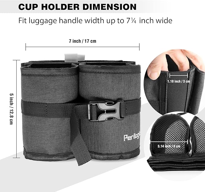 Perilogics Luggage Travel Cup Holder Hands Free Drink Caddy for Suitcase Handle. Perfect Airplane Travel Essential Accessory Gift for Frequent Traveler, Flight Attendant or with Children (Dark Gray)
