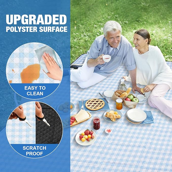 G GOOD GAIN Picnic Blankets Outdoor Extra Large - 80"x80" Portable Waterproof Picnic Blanket, Machine Washable 3-Layer Foldable Park Mat with Sandproof Backing for Grass, Hiking, Travel (Sky Blue)