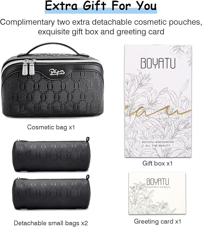 BOYATU Travel Makeup Bag for Women: Cosmetic Organizer Bag with Compartments - Leather Make up Bags Set of 3 (G-4-Black)