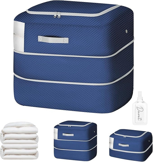 Comforter Storage Bag - 110L Large Capacity Blanket Storage Bags Ultra Space Saving Self Compression Organizer, Washable Compression Bags for Storage Comforter Blanket, 1-Pack, Navy Blue