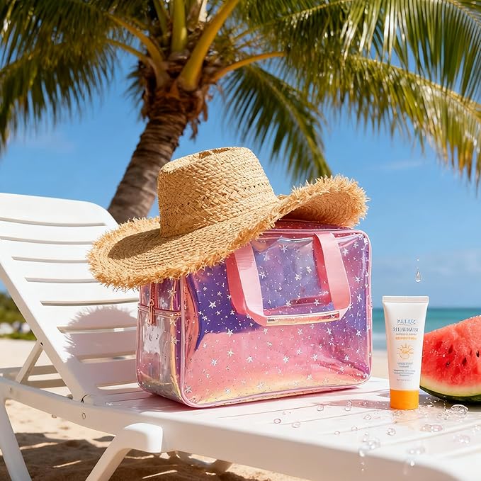 TPU Holographic Pink Star Large Cosmetic Bag 12x5x8 inch Travel Pouch with Handle,Durable Material,Zipper Design-Ideal for Makeup,Travel Essentials (9593-8)