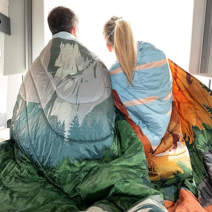 KingCamp Ultralight Camping Blanket, Packable Down Alternative Puffy Printed Wearable Blanket with Snap Buttons & Corner Loops Weatherproof Quilt for Outdoor Travel Stadium (78.7"L x 57.1"W, GREEN)