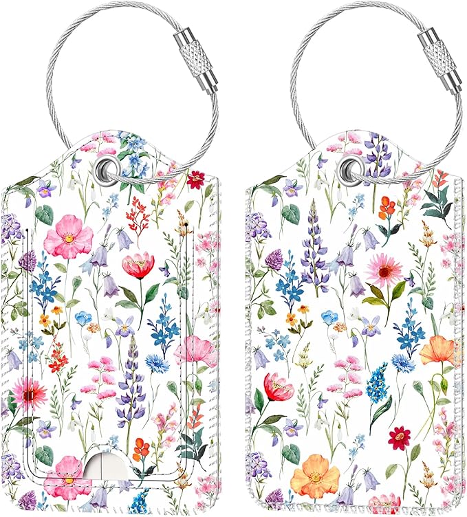 Fintie Luggage Tags, Privacy Cover ID Label with Stainless Steel Loop and Address Card for Travel Bag Suitcase, Polychrome Blooms (2 Piece)