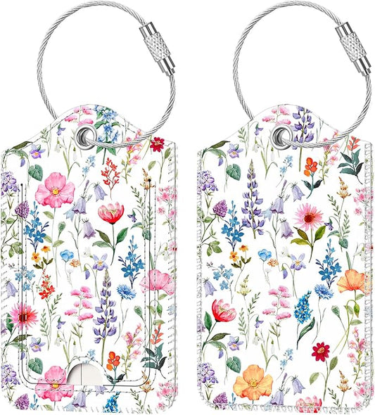 Fintie Luggage Tags, Privacy Cover ID Label with Stainless Steel Loop and Address Card for Travel Bag Suitcase, Polychrome Blooms (2 Piece)