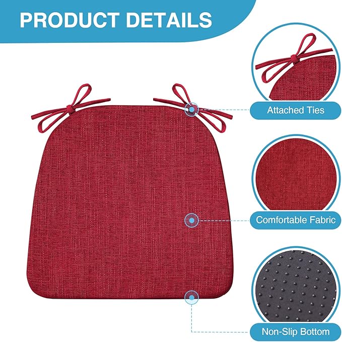Chair Cushions for Dining Chairs Set of 4, Non Slip Kitchen Chair Pads, 17" x 16" x 2", Indoor Dining Chair Cushions with Ties, D-Shaped Seat Cushions for Kitchen Chairs, Red