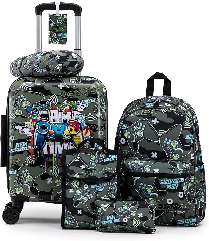 Kid’s Luggage Set 6 Piece Suitcase Set 16" Hardside Luggage with Spinner Wheels Girls Boys Carry on Luggage Travel Rolling Luggage Airline Approved (Joystick)