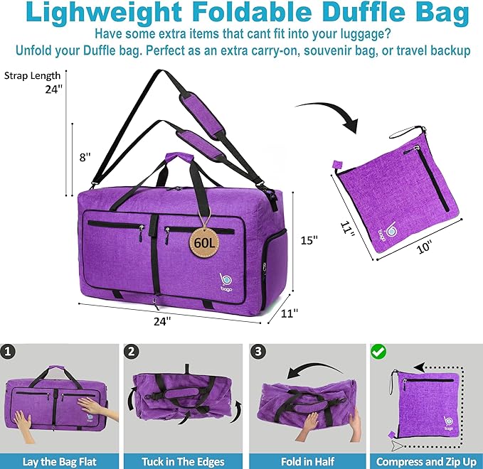 Bago Medium Duffle Bag for Travel Women & Men. Durable Lightweight Foldable Travel Duffel Bags For Traveling Women. 60L Duffle Bags For Overnight Bag With Shoe Compartment Collapsible Weekender duffel