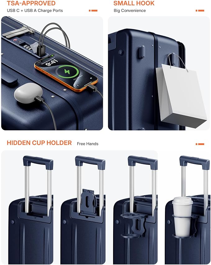 20IN Carry On Luggage,Top Opening Aluminum Frame Hardside 100% PC Airline Approved Suitcase -with TSA Lock,Cup Holder,USB Charge,Side Pothook, 360°Spinner Wheels-Navy Blue