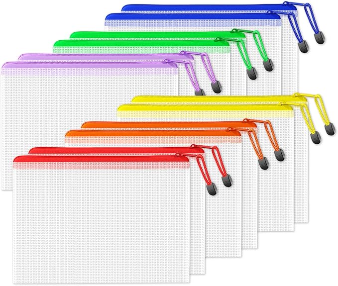 SUNEE Plastic Mesh Zipper Pouch 7.8x10.8 in (6 Colors, 12 Packs), Small Water-Resistant Zip Bag for School Office Supplies, Pencil Organizing Storage