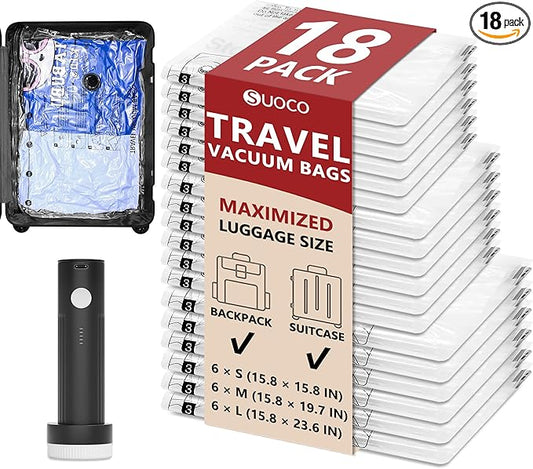Travel Vacuum Bags for Clothing with Rechargeable Electric Pump, Compression Packing Cubes Organizer Storage for Luggage Suitcase, Space Saver Seal Bags for Vacation Cruise, 18 Combo
