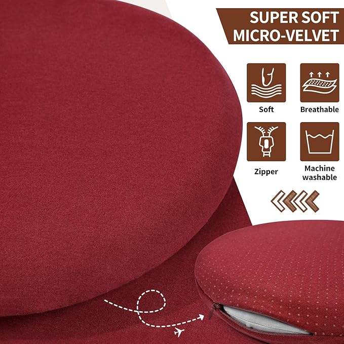 BUYUE Memory Foam Seat Cushion, Dia 13" Soft Velvet Round Stool Cushion Anti-Slip Chair Pads, S, Red