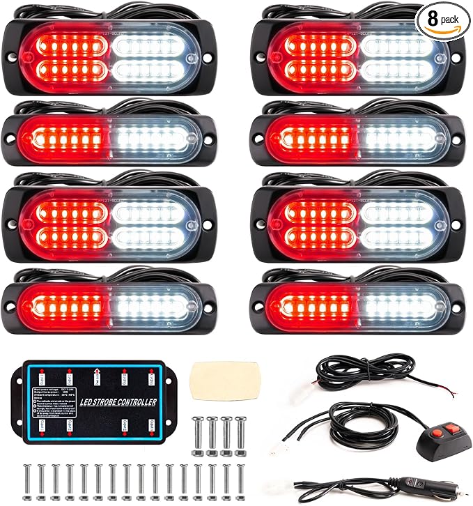 8-pcs Sync Feature LED Emergency Strobe Lights Ultra Slim Grille Surface Mount Flashing Warning Hazard Light Bar w/Controller for Construction, Trucks, Vehicles, Car (R/W)