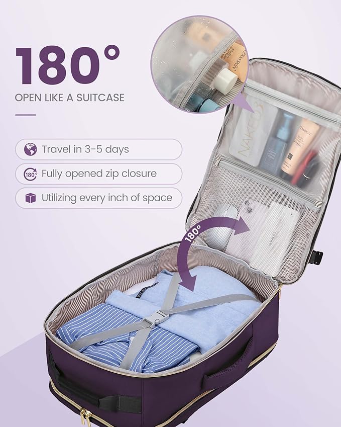 LOVEVOOK Travel Backpack for Women & Men 40L,Airline Approved Carry On Backpack Travel Essentials,TSA Carry on Luggage,Waterproof Personal Item Travel Bag Suitcase,3 Packing Cubes,Dark purple-Black-2