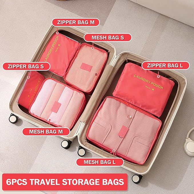 6 Set Packing Cubes for Travel Luggage Packing Bags Reusable Waterproof Suitcase Organizer Bags Set with Shoe Bag and Toiletry Bag (Watermelon Red‌)