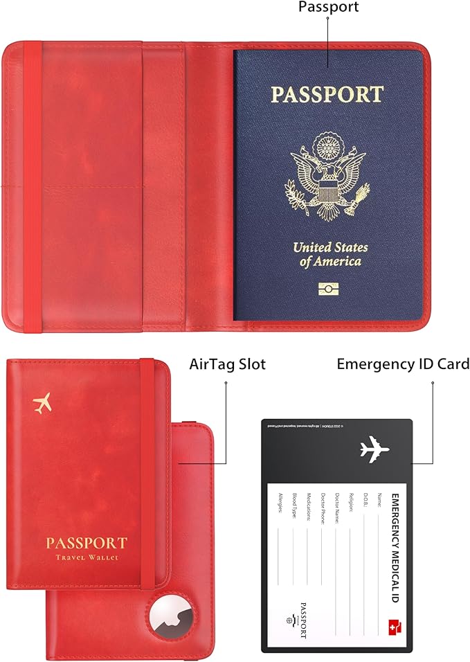Stouchi AirTag Passport Holder, Simple Passport Holder with Airtag Slot, RFID Passport Wallet Cover for Women, Family Leather Passport Protector Case, Anti-Lost Travel Accessories, Red