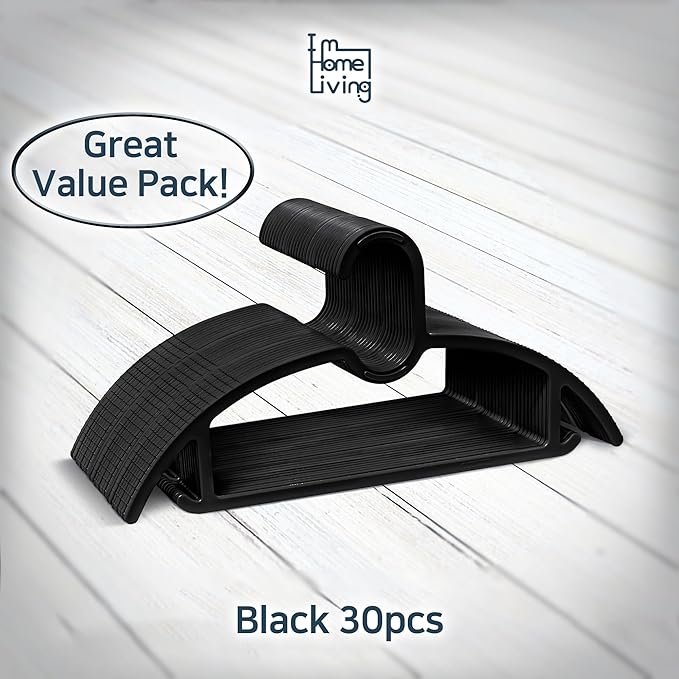 15" Compact Slim & Slimlink Interlocking Clothes Hangers, Space-Saving Lightweight Plastic Hangers for Small Closets, Dorms, Apartments, Travel, RVs & Petite Clothing (Black, 30)