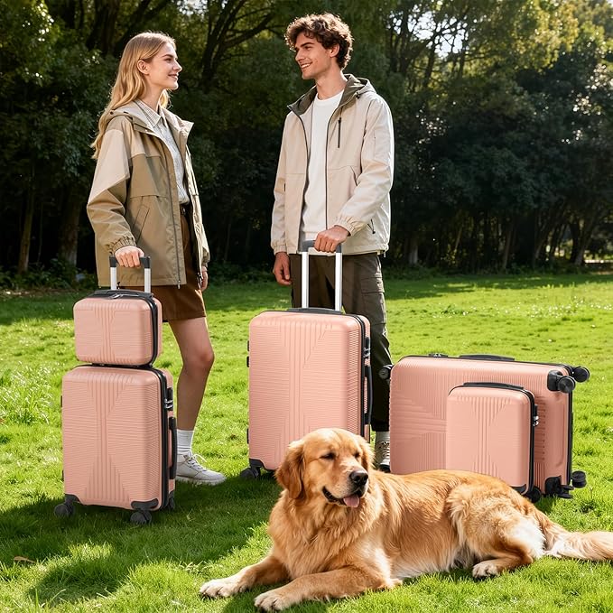 Karl home Luggage Sets 4 Piece, PP Hard Case Suitcase Set with Built-in Lock Spinner Wheels, Lightweight Durable Carry on Luggage for Business Travel - Light Pink (16/20/24/28")