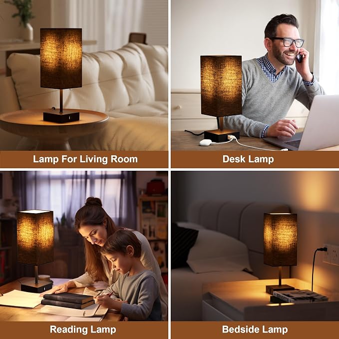 Touch Bedside Table Lamp for Bedroom, 14-Inch, Black, Set of 2 | USB A+C Ports, Touch 3-Way Dimmable LED Bulb Included Fabric Lampshade Metal Base Small Nightstand Lamp for Desk Living Room