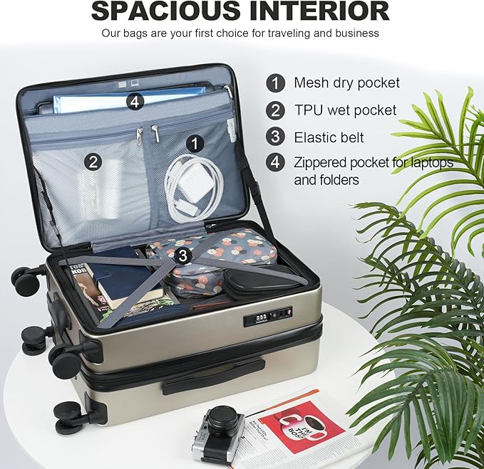 KROSER Carry On Luggage with Spinner Wheels & Built-in TSA Lock, Expandable Top Opening Hard Shell Suitcase Large Capacity Durable Rolling Luggage with USB Port, Carry-On 20-Inch, Champagne