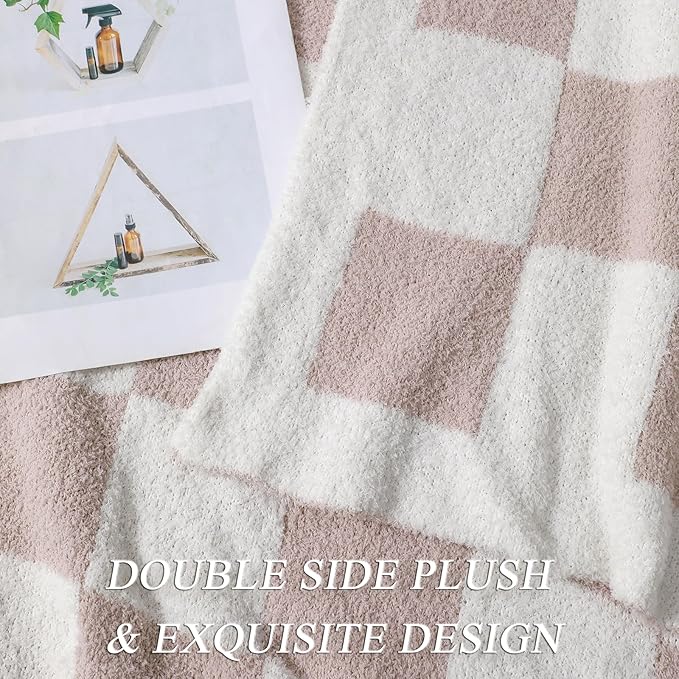 bearberry Fuzzy Checkerboard Grid Throw Blanket Knitted Soft Cozy Warm Microfiber Bed Blanket Decor for Couch Sofa Bed Travel Home (Cream, 60''x80'')
