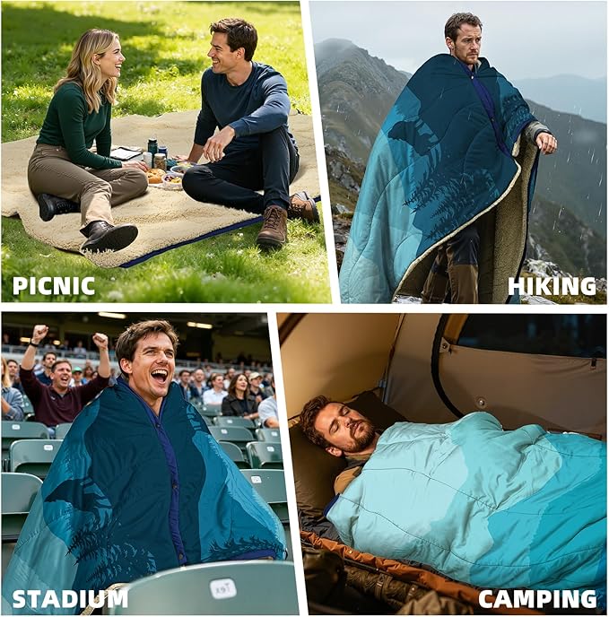 Outdoor Camping Blanket - Puffy Camping Blanket Packable,Sherpa Fleece Warm Blanket for Camping, Outdoors, Travel, Stadium, Festivals, Beach, Hammock 56"x 78" Machine Washable, DWR, Lightweight