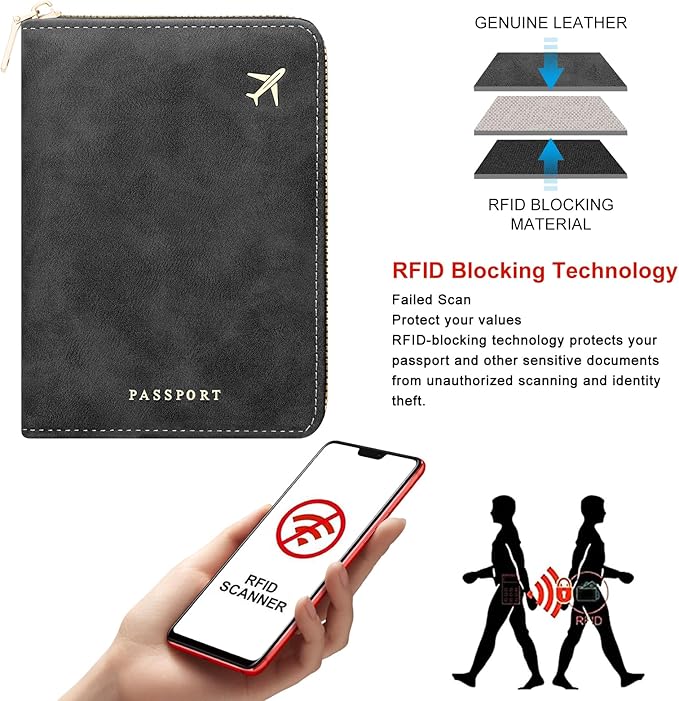 defway Passport Holder Travel Wallet - RFID Passport Holder, Zip Closure Card Cover, PU Leather Travel Wallet, RFID Blocking Secure Document Organizer Travel Essentials (Black)