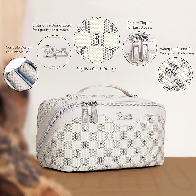 BOYATU Travel Makeup Bag Organizer Cosmetic Bag: 3 Pcs Set Make up Bags for Women with Handle - Waterproof Vegan Leather Toiletry Bags Travel Essentials Pouch with Compartments (H-03-White)