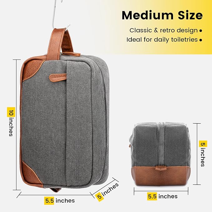 Vorspack Travel Toiletry Bag - Hanging Toiletry Bag for Men Water Resistant Canvas Shaving Bag with Large Capacity for Travel - Light Grey (Pack of 2)