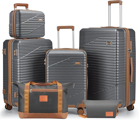 Luggage Sets,PC+ABS Hard Shell Carry on Suitcase with Spinner Wheels and TSA Lock, Travel Lightweight Luggage Set with Spinner Wheels (Gray, 6 piece sets （14/20/24/28/DB/TB)