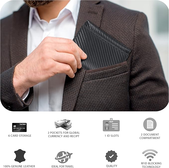 Real Leather Mens Trifold Wallet RFID Blocking Slim Minimalist Front Pocket - Thin & Stylish with ID Window in Gift Box
