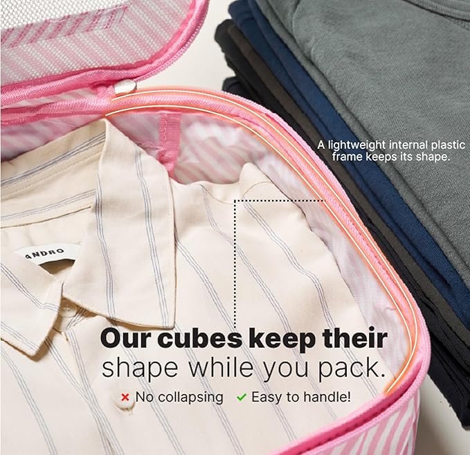 LeanTravel Premium Compression Packing Cubes for Travel - Suitcase Organizer Bags with Double Zipper & Breathable Mesh Panel - Space Saving Carry On Luggage Essentials (6-Pack, Pink Stripes)