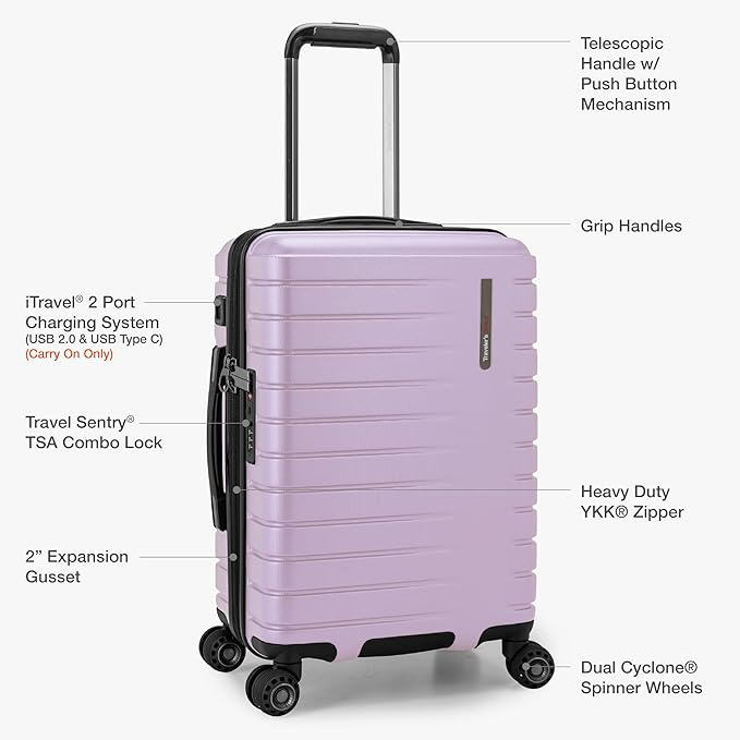 Traveler's Choice Archer Polycarbonate Expandable Luggage with Spinner Wheels, Light Purple, Checked 26-Inch