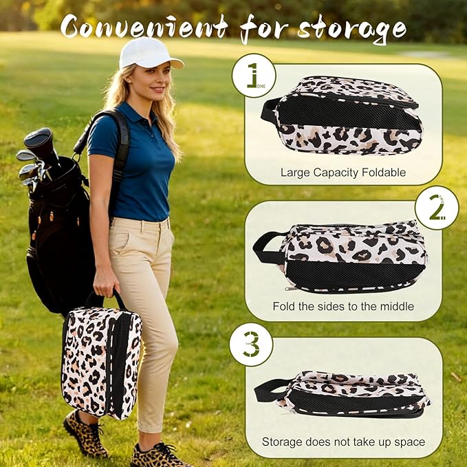 Golf Shoe Bag, Outdoor Zipper Sports Shoe Strap Bag with Air Mesh Ventilation, Durable Waterproof Golf Shoe Carry Bags with Sturdy Handle for Gym, Soccer, Running & Suitcase Packing (Leopard Print)