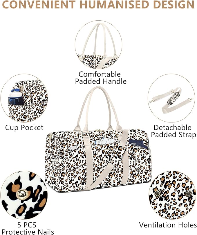 Women Weekender Travel Duffle Bag: Travel Duffel Overnight Bags with Shoe Compartment Large Carry on Tote with Toiletry Bag Weekend Traveling Yoga Gym Hospital Bag for Women with Wet Pocket Leopard