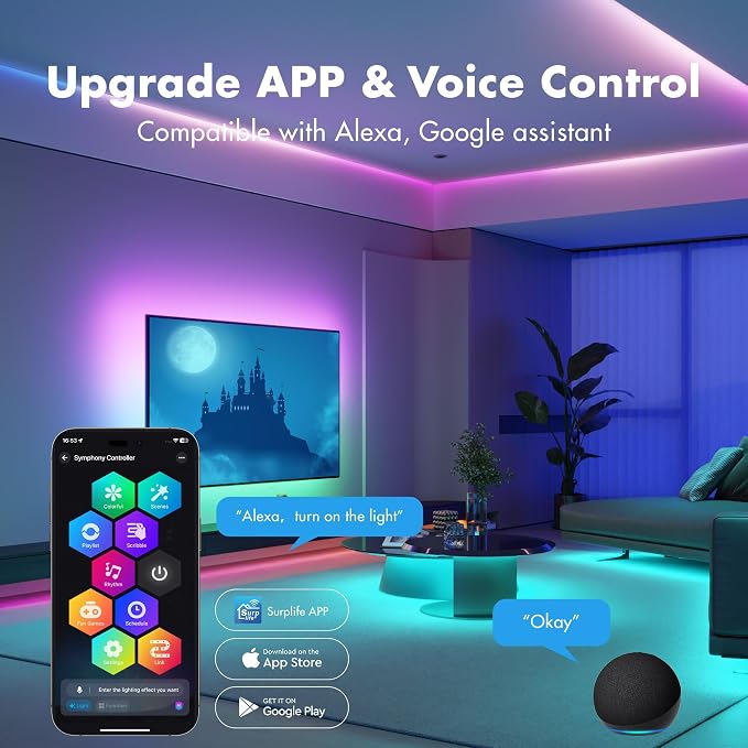 LED Strip Lights, 100FT Smart IC RGB WiFi Voice Controlled LED Lights | Segmented DIY Color, Rainbow Chasing, Music Sync, Alexa Google Compatible for Bedroom Decor