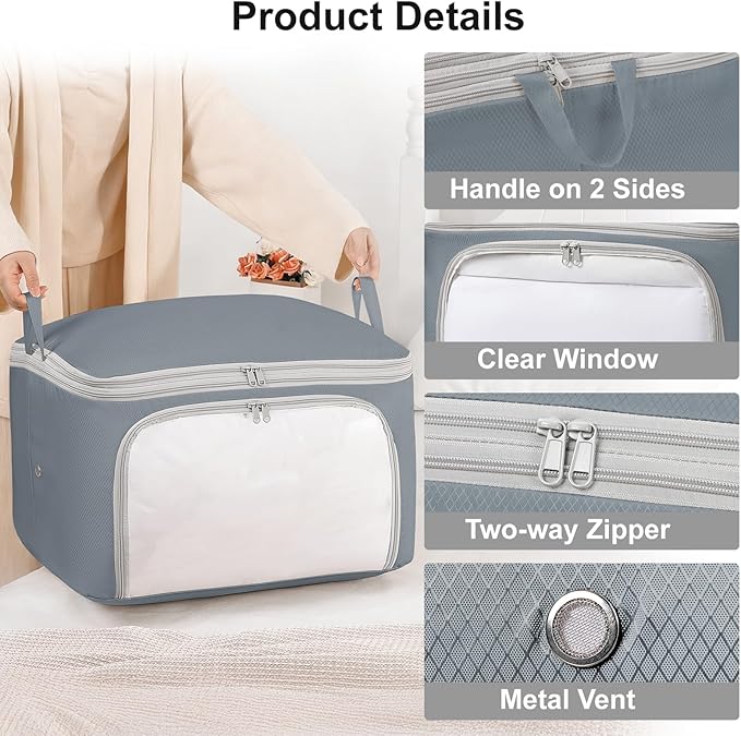 Comforter Storage Bag - 130L Blanket Storage Bags Front-opening Ultra Space Saving Self Compression Organizer, Washable Compression Bags for Storage Comforter Blanket, 1 Pack, Grey