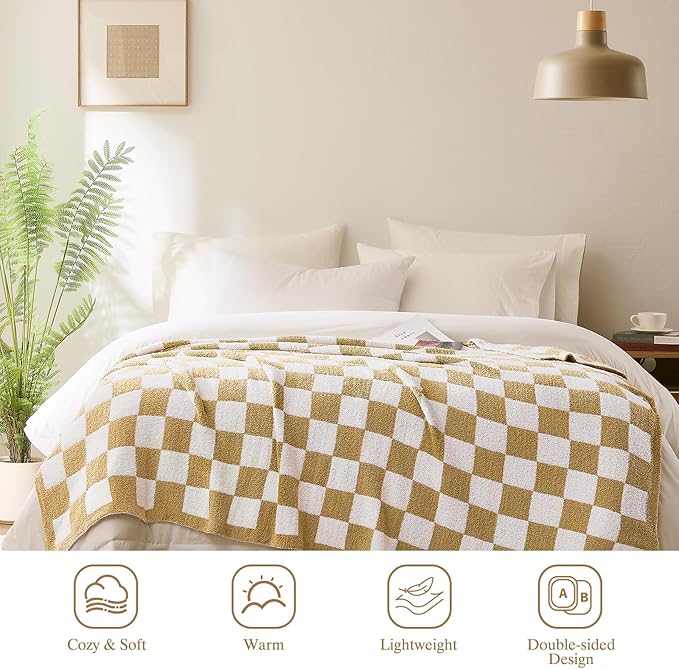 Checkered Throw Blanket, Khaki Soft Cozy Fluffy Knitted Throw Blankets for Couch, Sofa, Bed, Chair, Warm Fuzzy Travel Picnic Lightweight Plaid Blanket, 60x80 inches