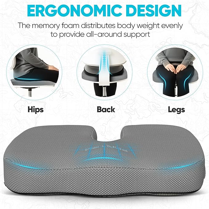 FORTEM Seat Cushion, Office Chair Cushion, Desk Chair Memory Foam, Sciatica Coccyx Tailbone Pain Relief, Pressure Relief, Sitting Pad, for Long Gaming & Sitting, Washable Cover, Non Slip